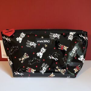 Marc Tetro All Dogs Cosmetic Bag Black Shiny Dog Print Red Heart Zipper NWT